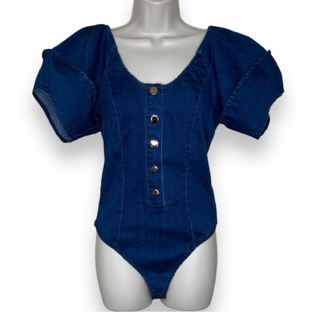 NWT Denim Blvd Los Angeles Blue Puff Sleeve Bodysuit Stretch Women Size Small